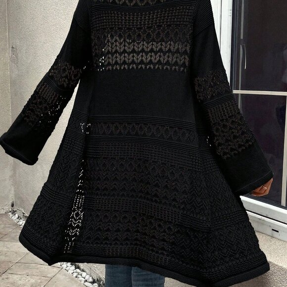 Black Casual Women's Hollow Out Design Cardigan - Picture 2 of 7